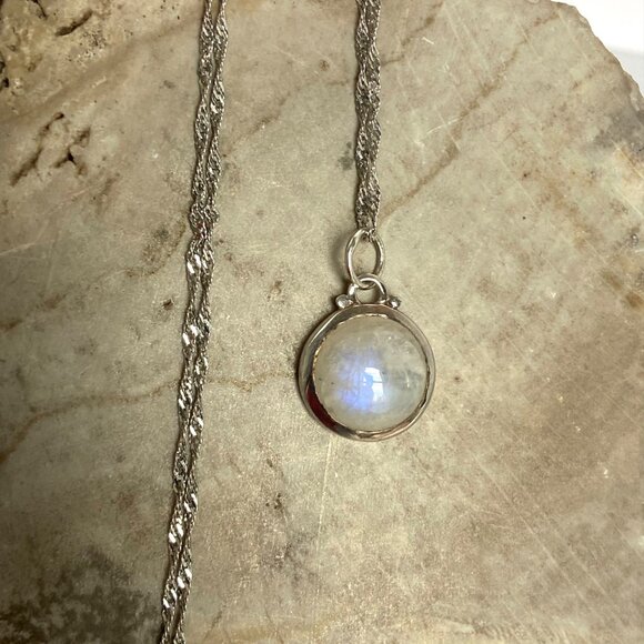 Sterling Silver 925 Baroni Round Moonstone Cabochon Pendant Necklace 18" Chain - Picture 13 of 16